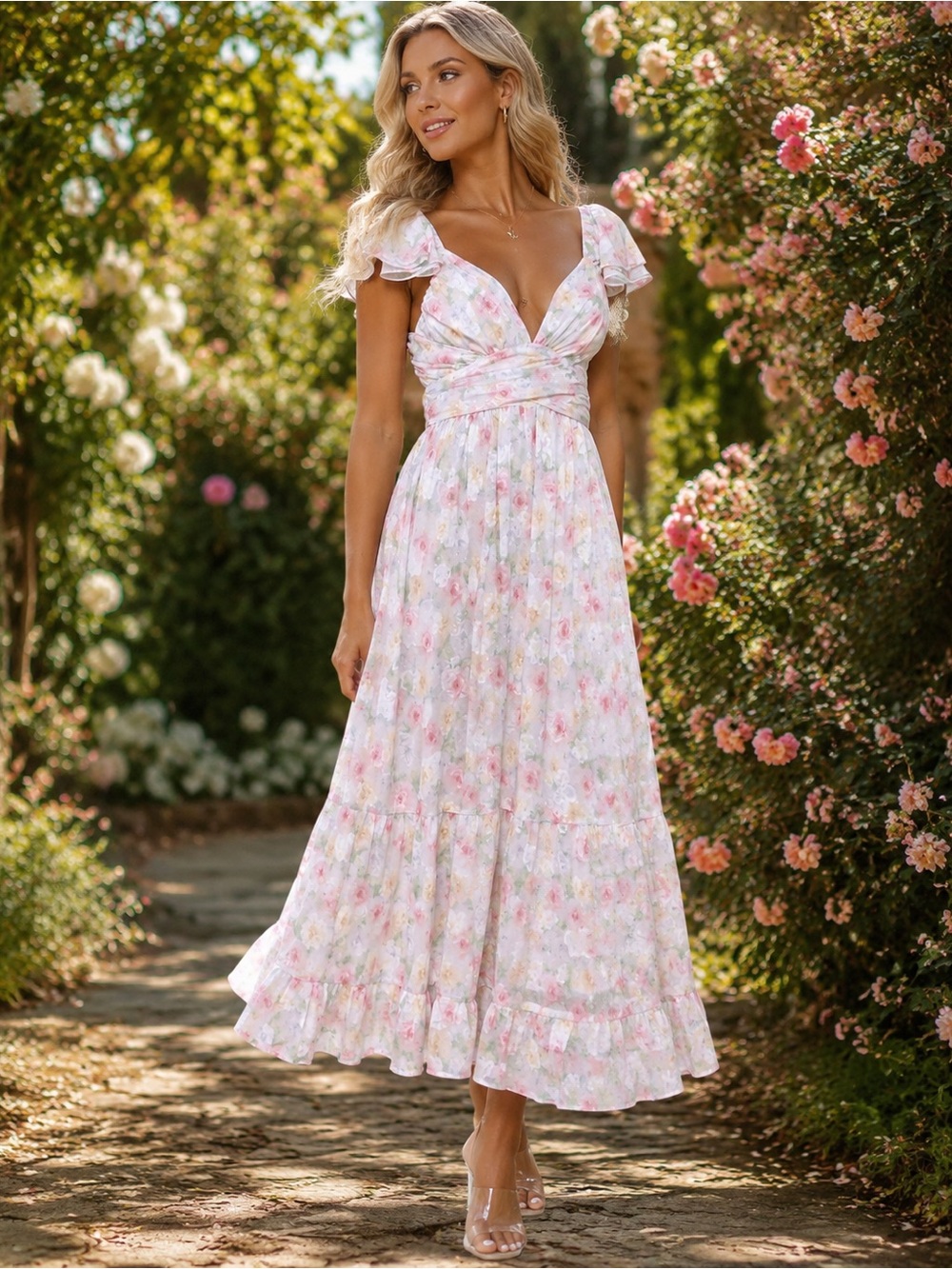 Lulu's Blush Pink Floral Wrap Maxi Dress
